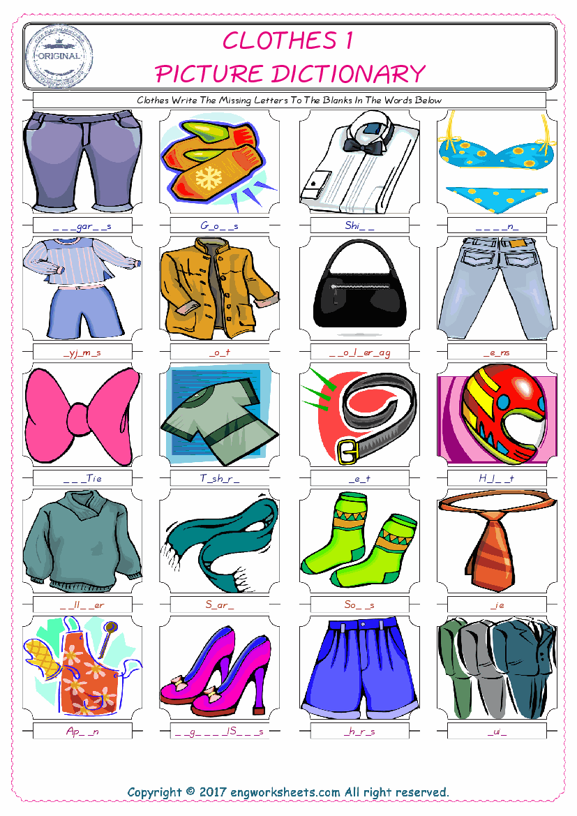  Clothes Words English worksheets For kids, the ESL Worksheet for finding and typing the missing letters of Clothes Words 